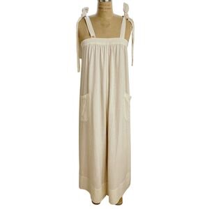 Bird & Knoll Linen Blend Wide Leg Tie Shoulder Jumpsuit Size S Pockets